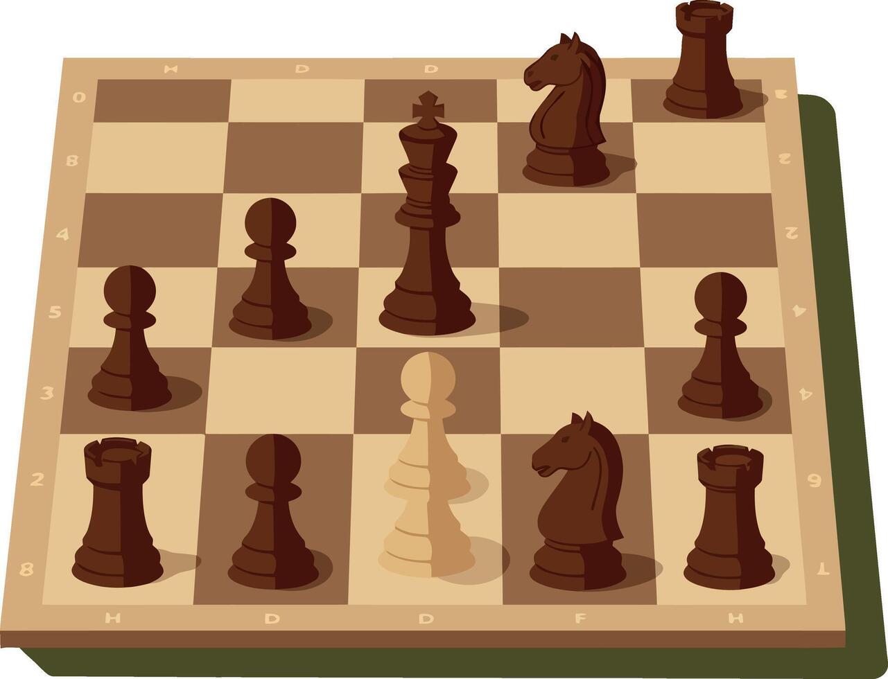 Chessboard with brown and beige chess pieces in minimal flat design strategic game illustration vector