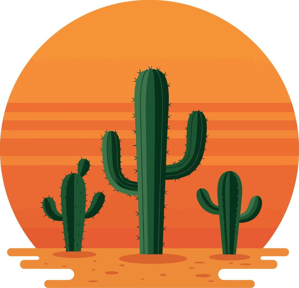 Green saguaro cacti in desert landscape with orange sunset background flat design illustration vector