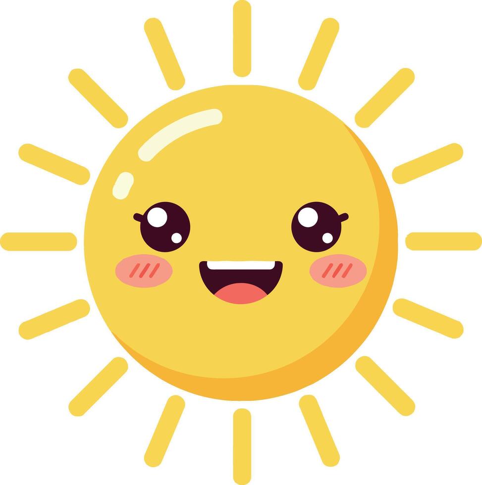 Cute smiling sun with bright yellow rays and kawaii style flat design illustration vector