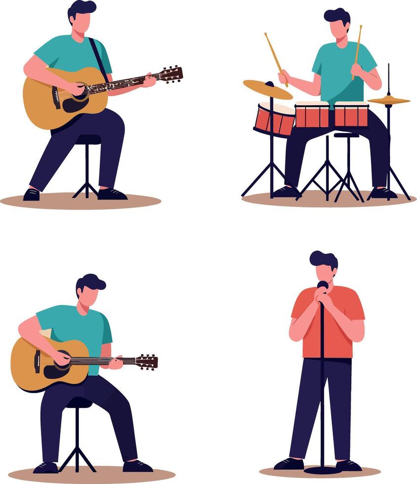 Male musicians playing acoustic guitar drums and singing in minimal flat style illustration vector