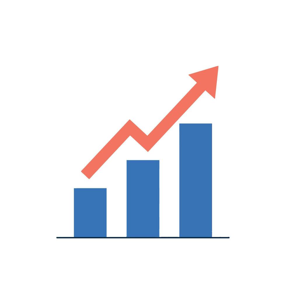 Growing blue bar chart with upward trending red arrow flat design business growth illustration vector