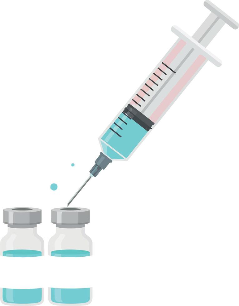 Medical syringe with needle injecting liquid into glass vials flat style illustration vector