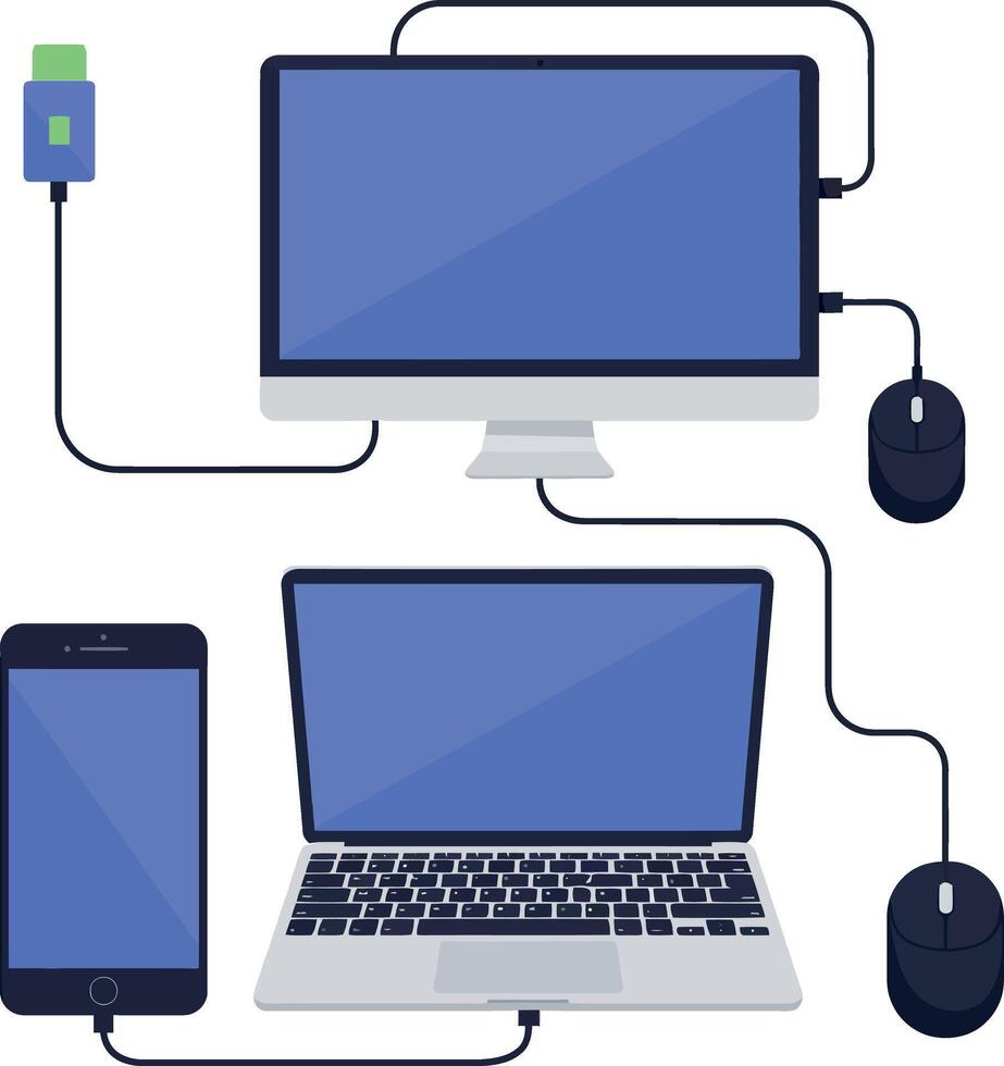 Modern desktop computer laptop smartphone with wired mouse flat design illustration vector