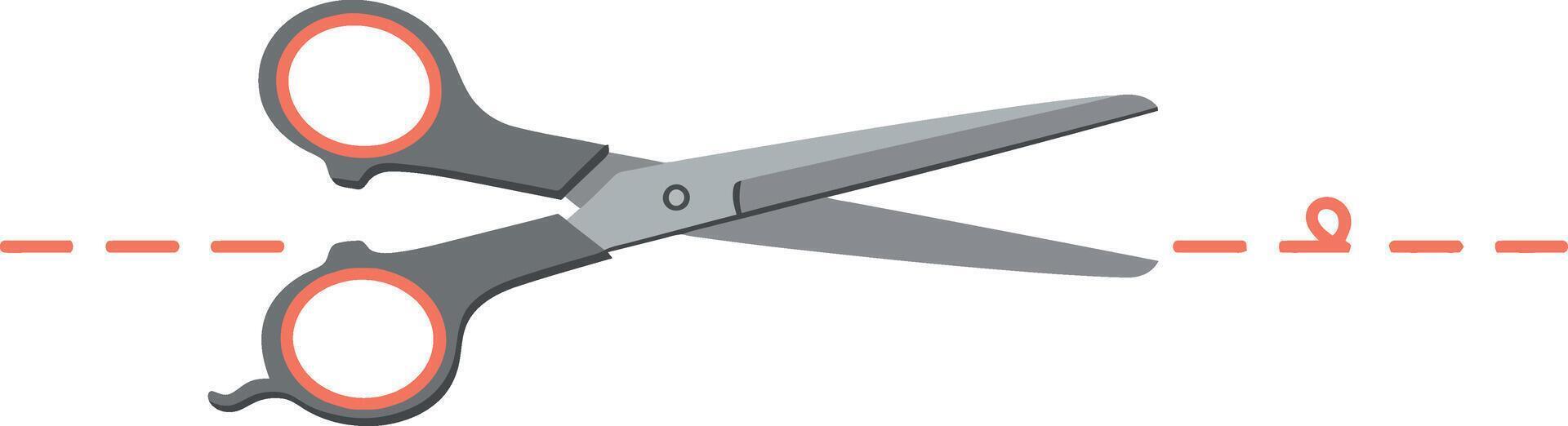 Hairdressing scissors with orange handles cutting along dashed line flat design illustration vector