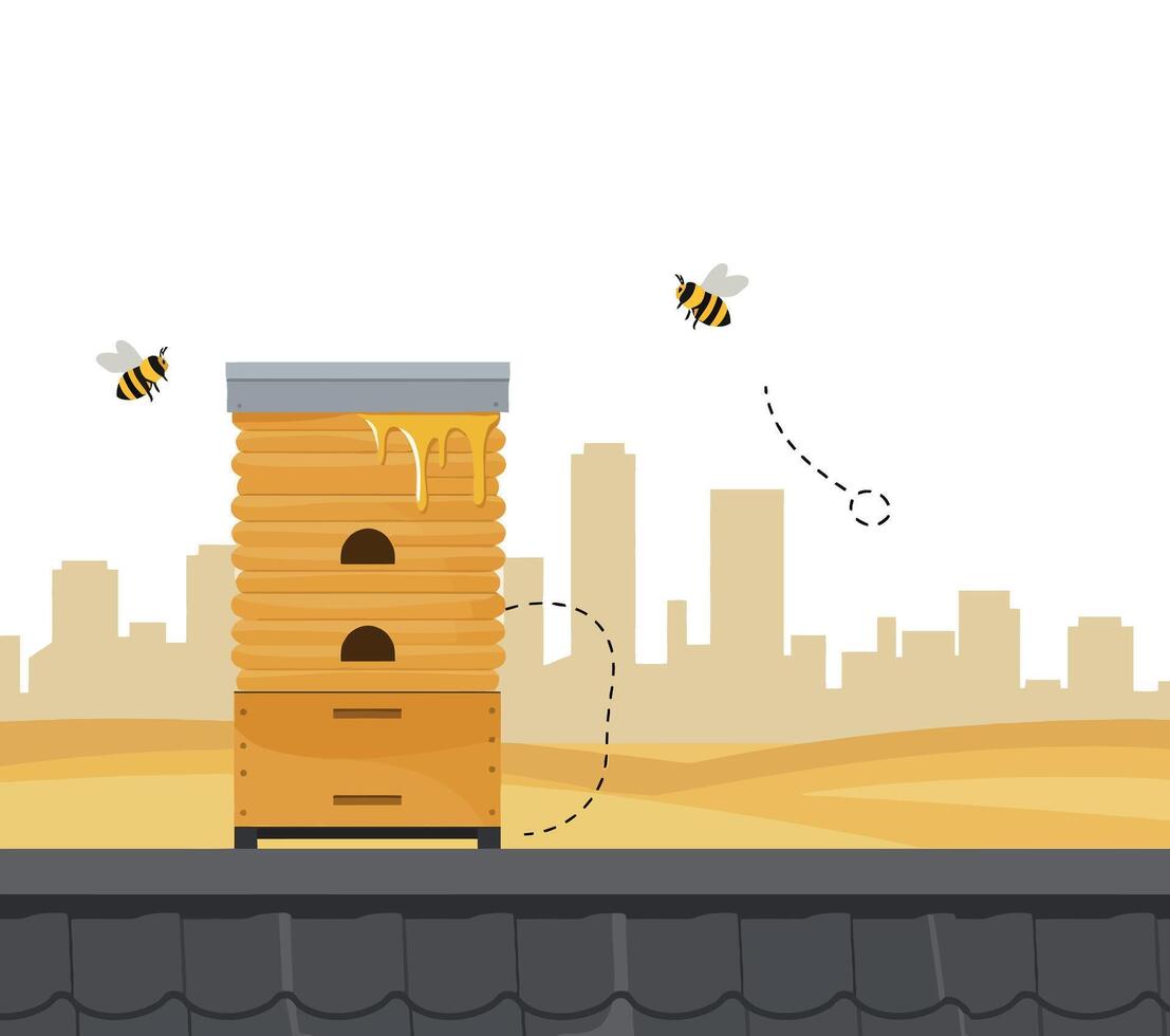 Urban beehive with honeycomb texture and flying bees in flat design illustration vector