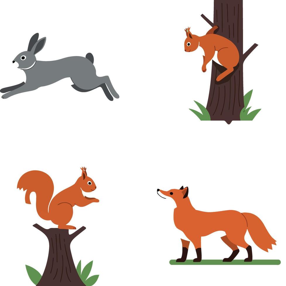 Wild animals including rabbit, squirrels, and fox in flat design style illustration showing natural forest creatures in motion and rest vector