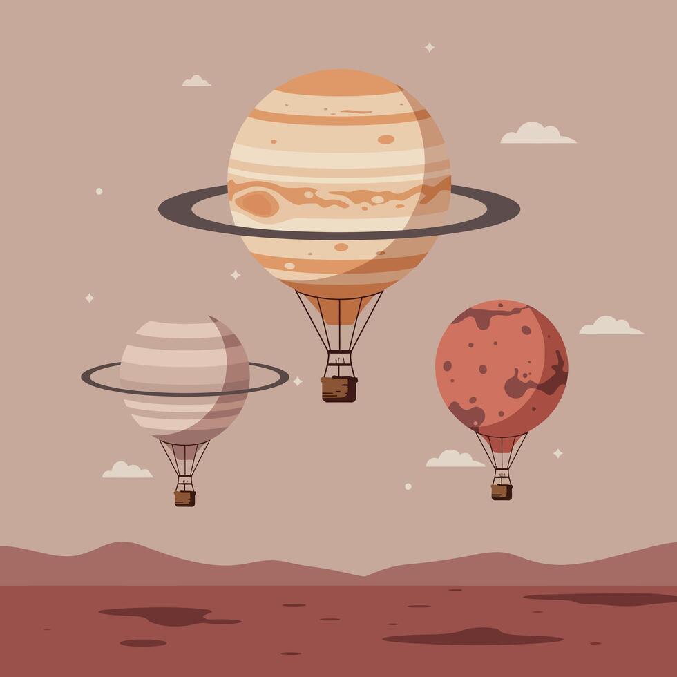 Planet-themed hot air balloons floating above red desert landscape in flat style illustration vector