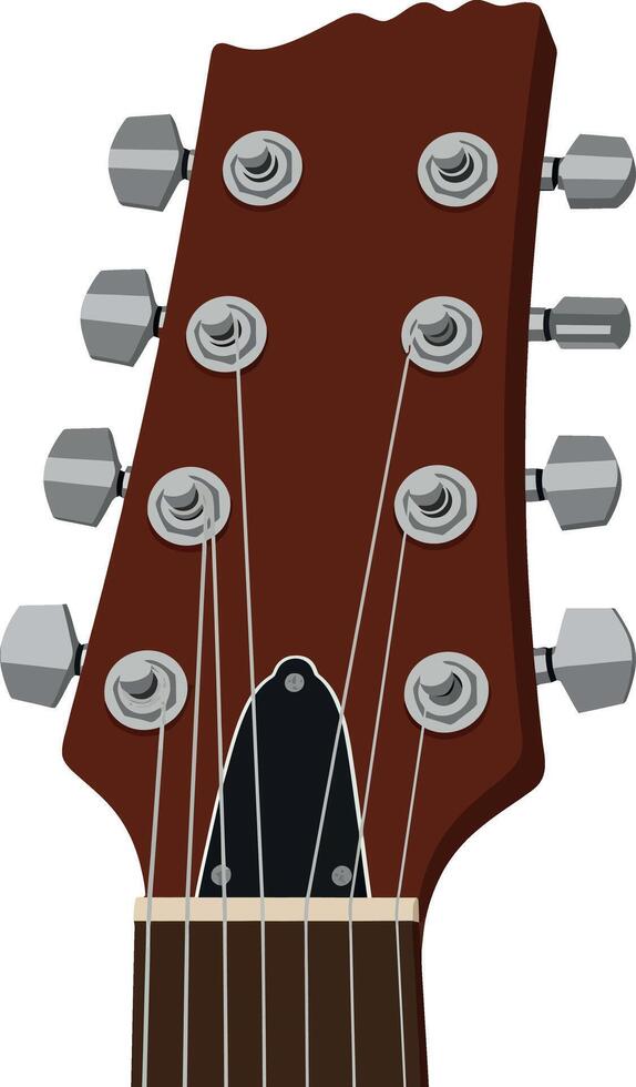 Brown twelve-string acoustic guitar headstock with tuning pegs and strings flat design illustration vector