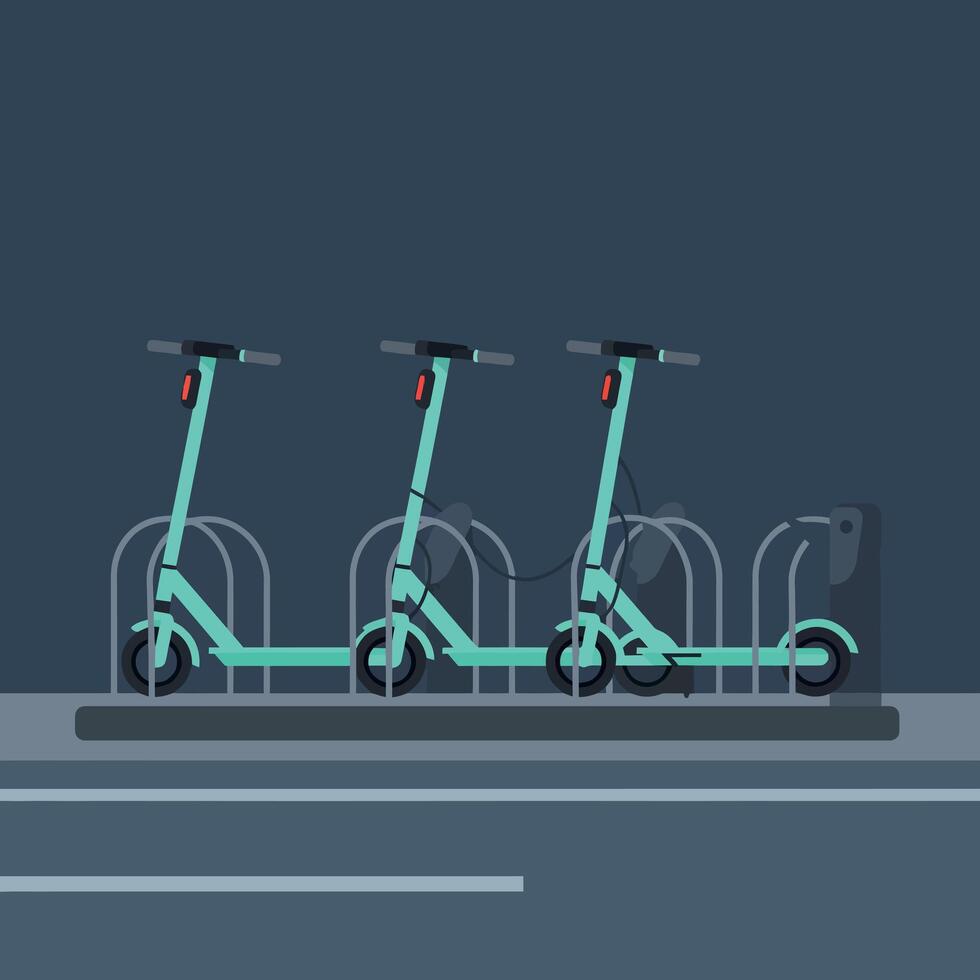 Electric scooters parked in a row at night with minimal flat design illustration vector