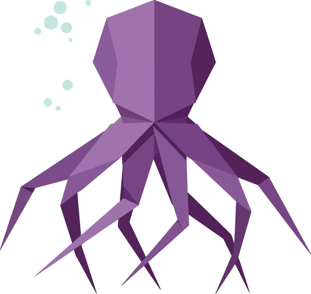 Purple low poly octopus with bubbles underwater in flat minimal style illustration vector