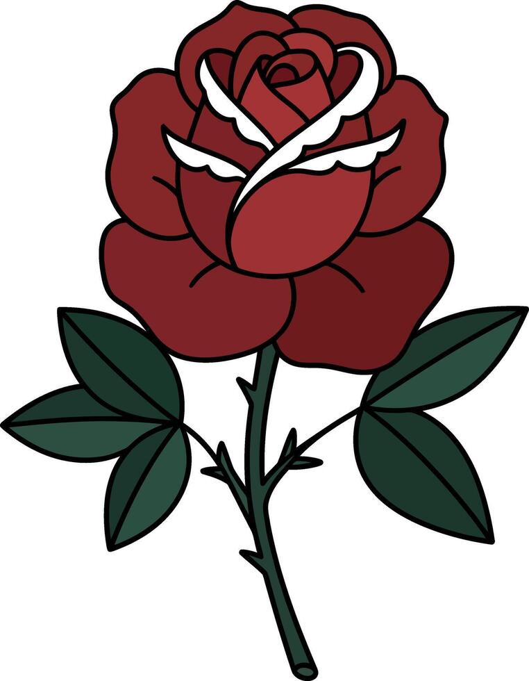 Red rose flower with green leaves and stem in minimal flat design illustration vector