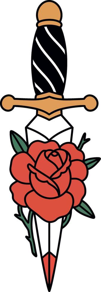 Dagger with black and gold handle piercing detailed red rose with green leaves flat style illustration vector