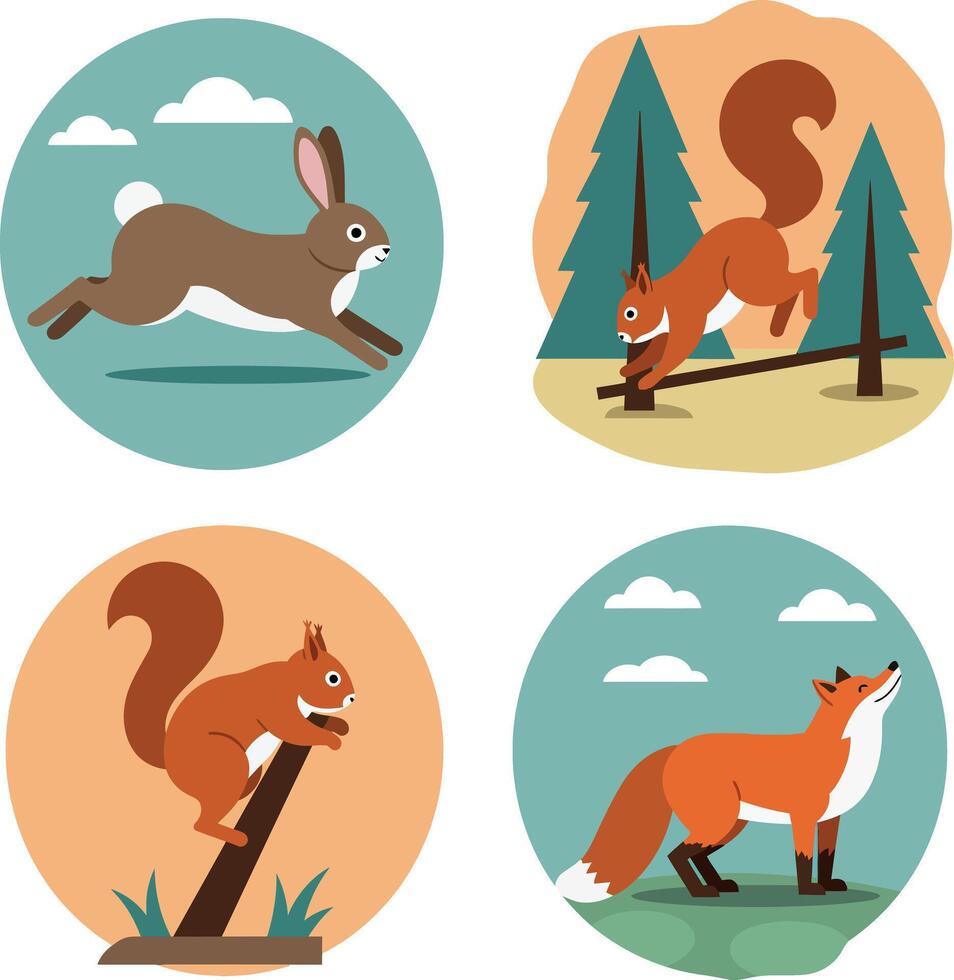 Forest animals in flat design style with rabbit running and squirrel climbing on trees illustration vector
