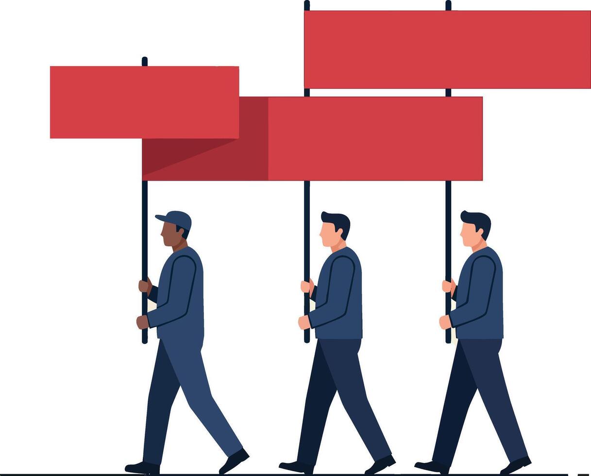 Three diverse men walking holding blank red protest signs flat minimal illustration vector