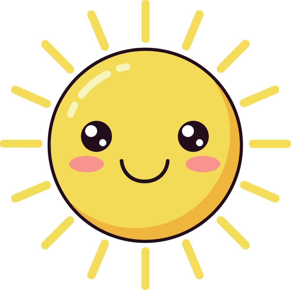 Cute smiling sun with radiant rays and blushing cheeks in flat style illustration vector