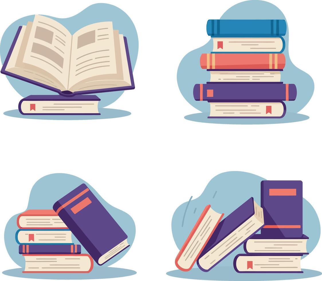 Stacks of colorful hardcover books with one open book and various arrangements flat design illustration vector