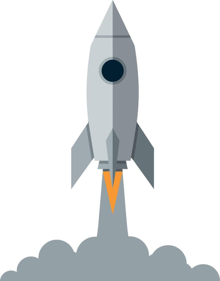 Grey rocket launching with flame and smoke plume in flat minimal style illustration vector
