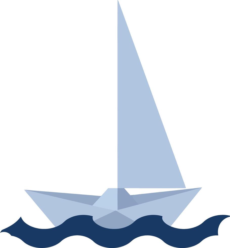 Small sailboat with white sails floating on stylized blue waves flat minimal illustration vector