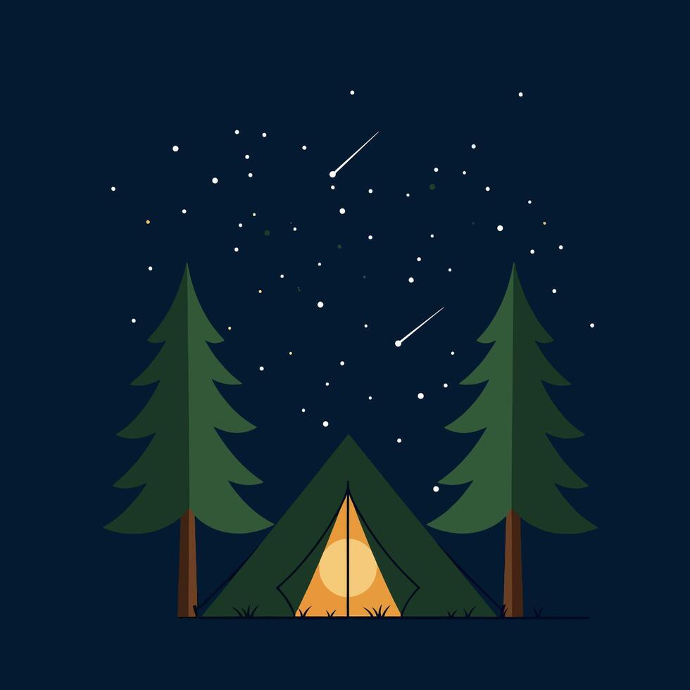 Night camping scene with green tent and pine trees under starry sky flat design illustration vector