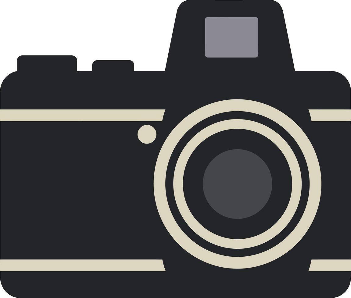 Vintage style black camera with large lens and simple flat design illustration vector