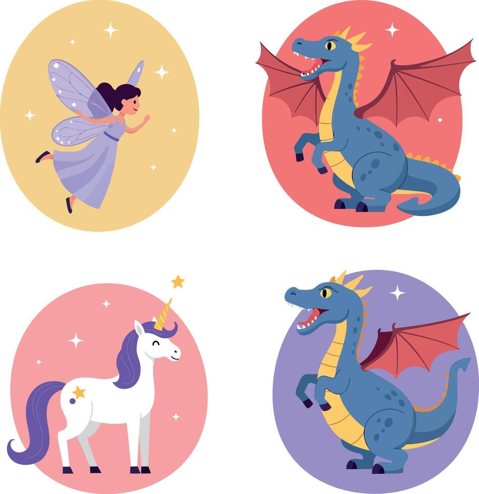 Cute fairy, dragon, and unicorn characters in colorful flat style with magical fantasy theme illustration vector