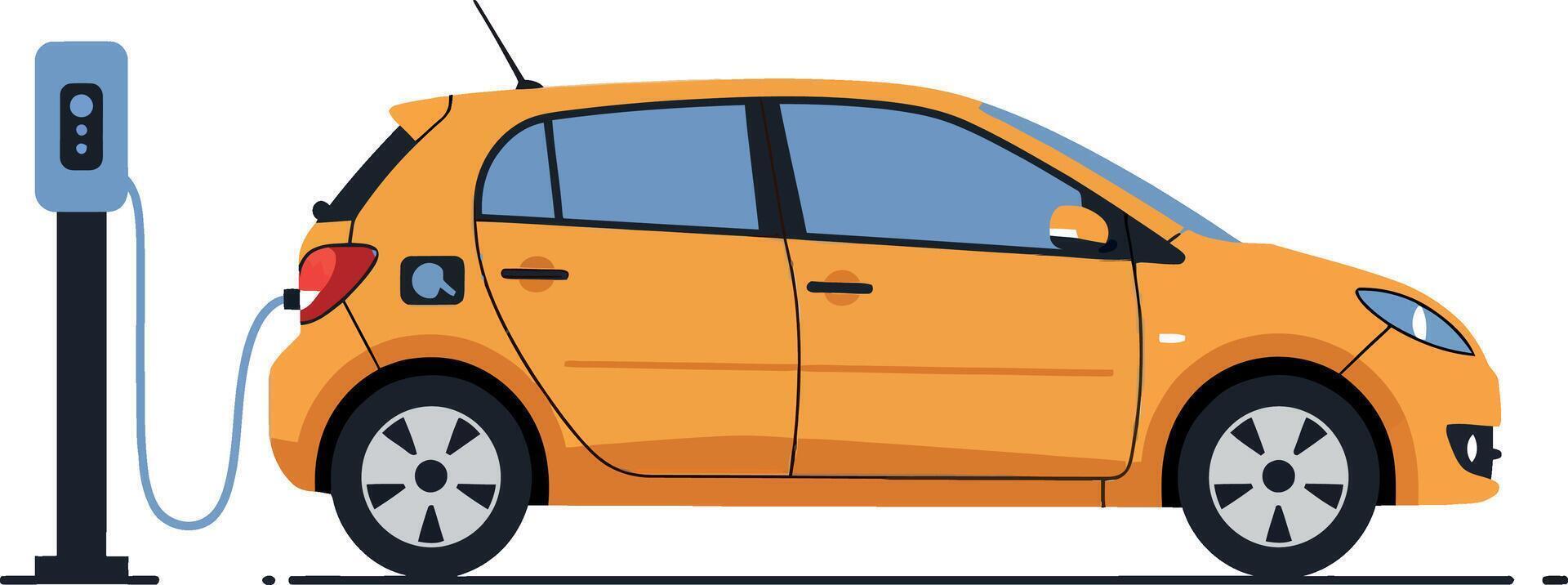 Orange compact electric car charging at station in minimal flat design illustration vector