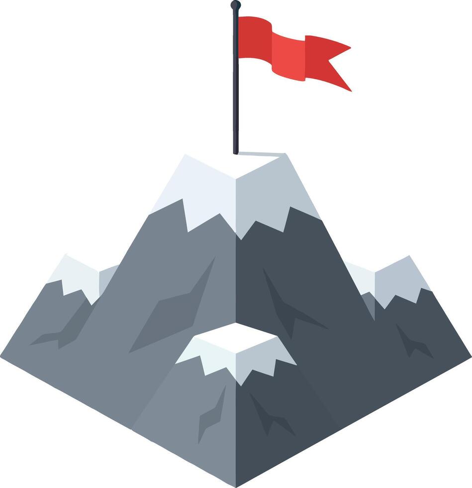 Snow capped mountain peak with red flag atop in flat minimalist style illustration vector