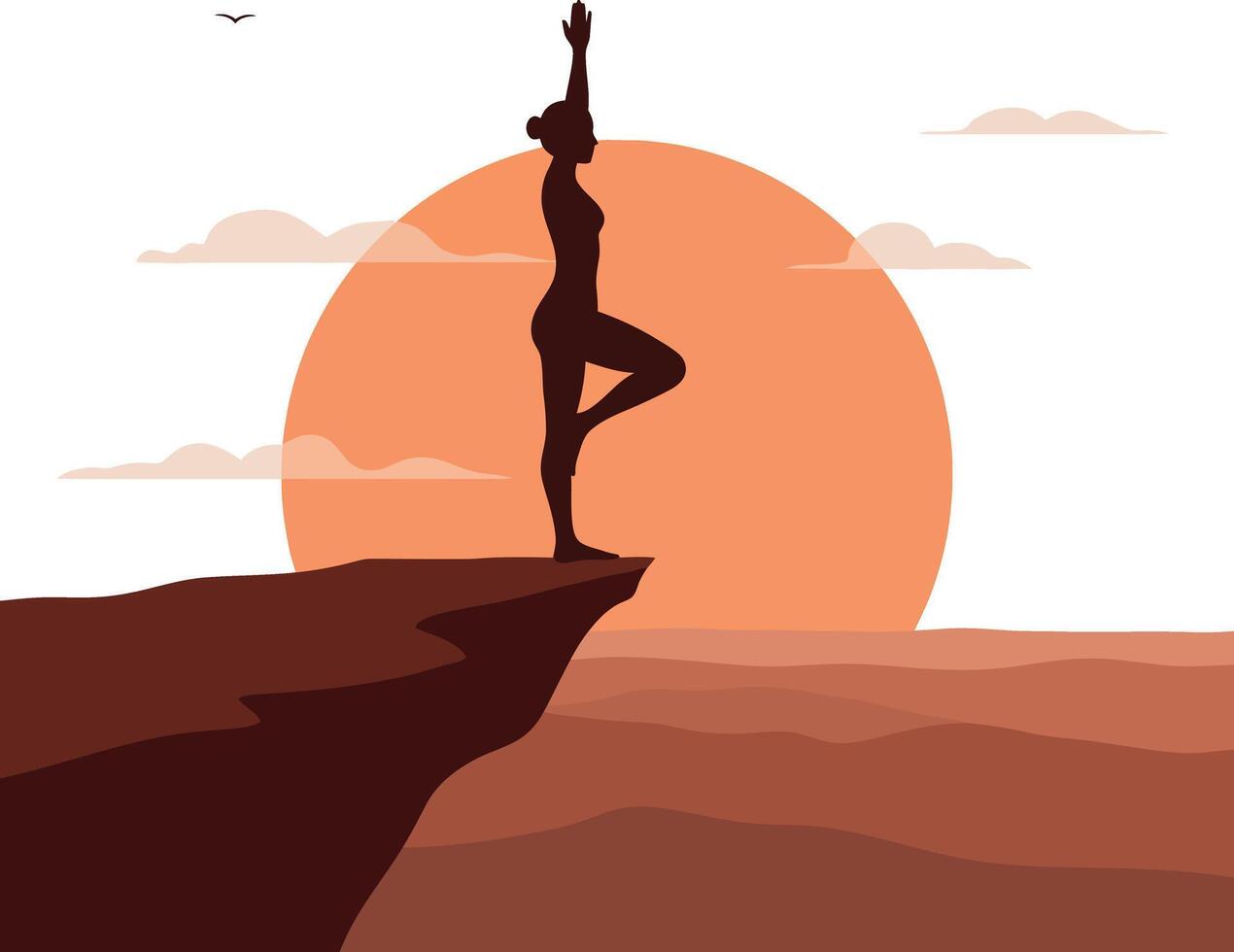 Silhouette of woman practicing yoga on cliff edge with sunset background flat minimal illustration vector