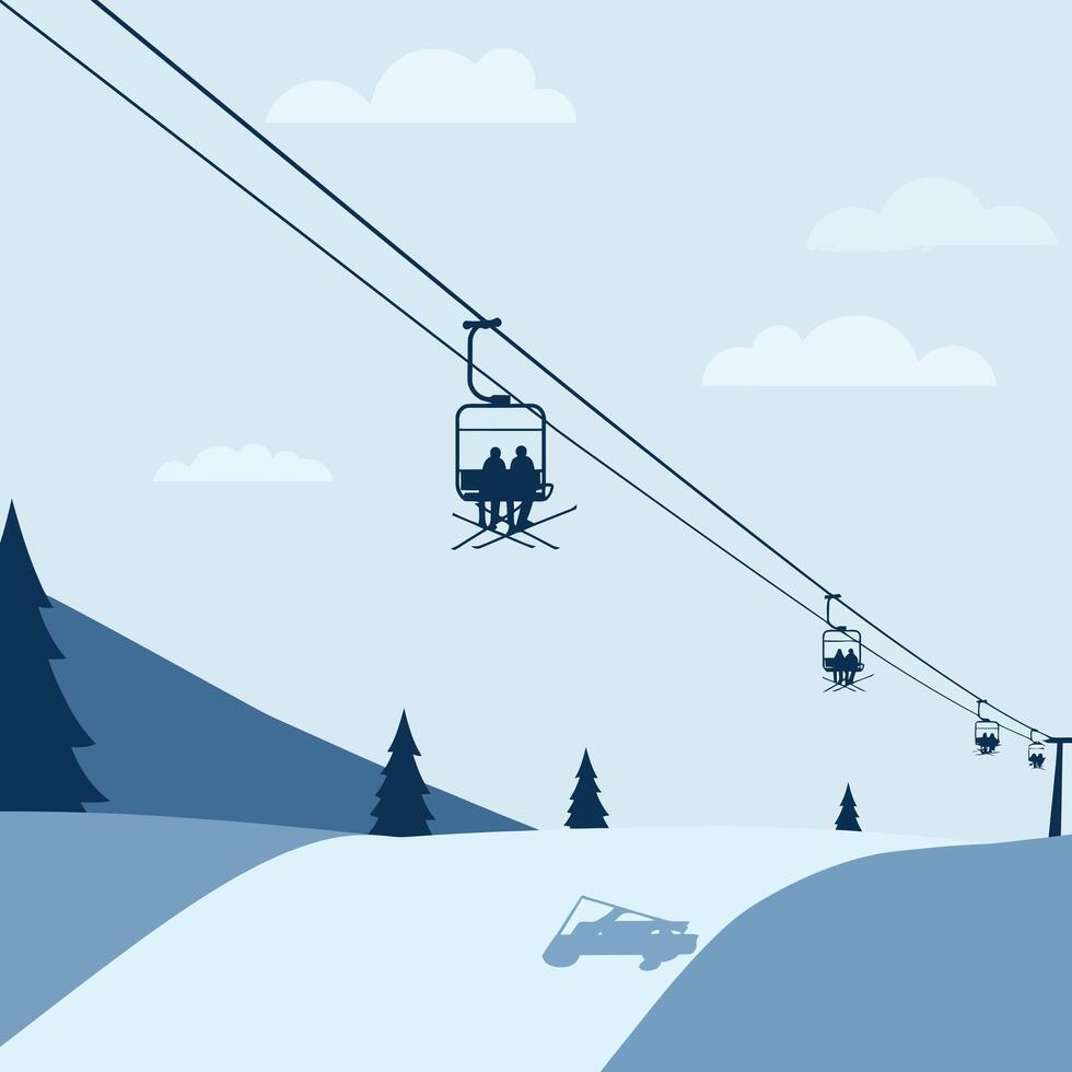 Skiers riding chairlift over snowy mountain slope in minimal flat design illustration vector