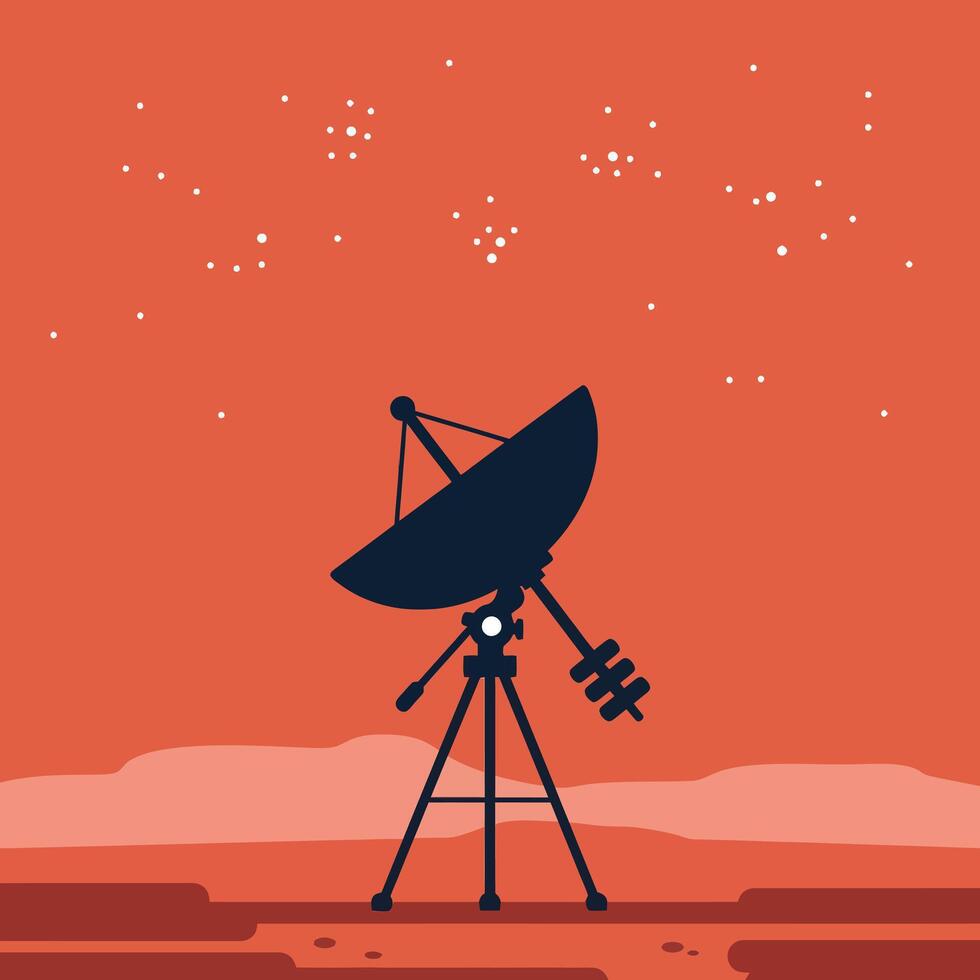 Satellite dish antenna under starry sky in minimal flat style illustration vector