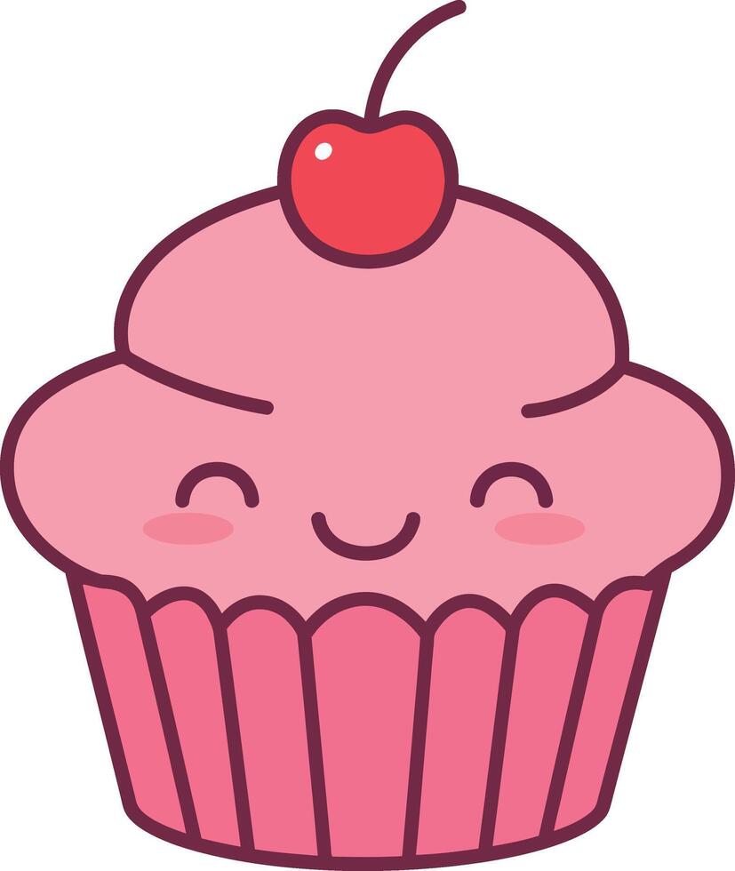 Cute smiling cupcake with pink frosting and cherry on top flat minimal illustration vector