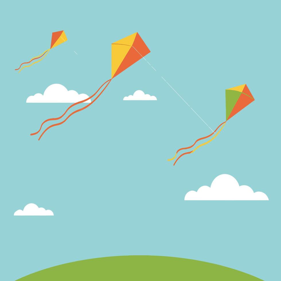 Colorful kites flying in blue sky with clouds above green hill flat minimal illustration vector