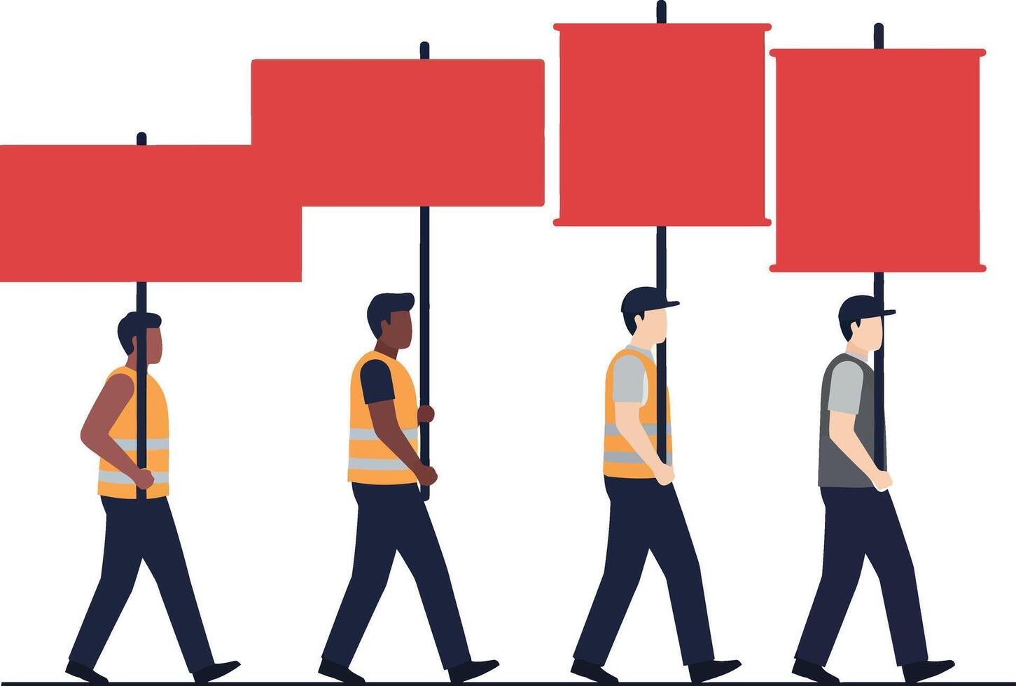 Group of diverse workers holding red blank protest signs walking in flat style illustration vector