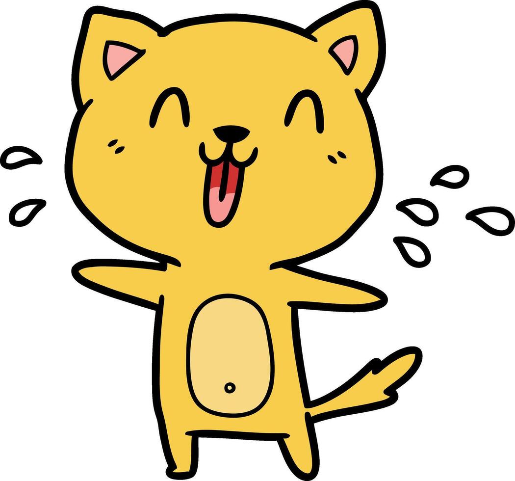 Happy yellow cartoon cat laughing with tongue out and paws raised in minimal flat illustration vector