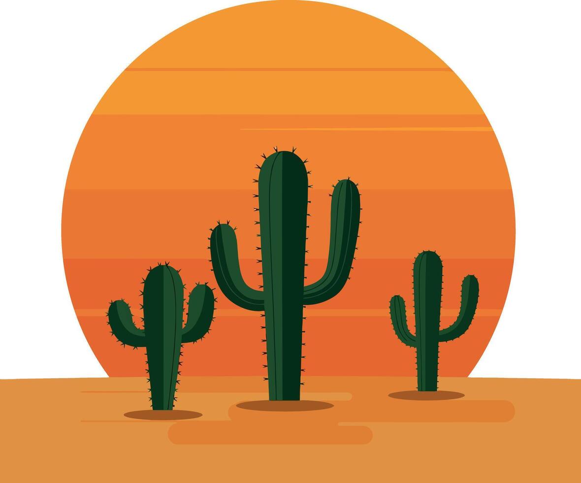 Three green cacti in desert with large orange sunset background flat design illustration vector