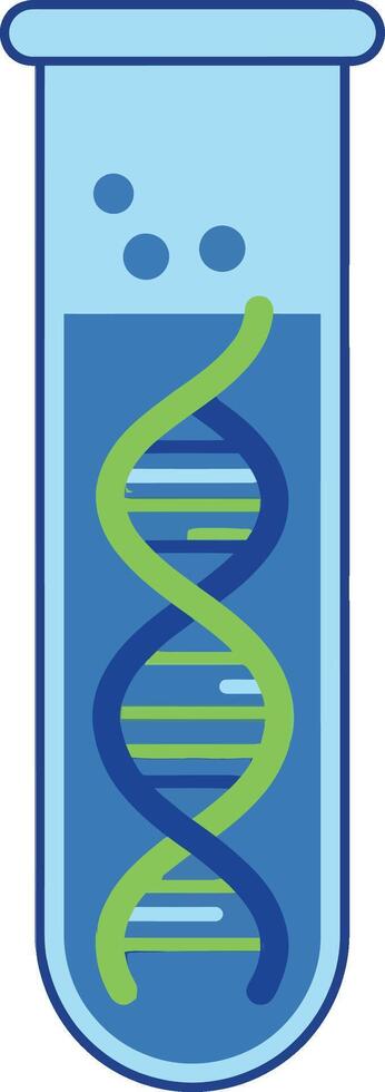 DNA double helix inside transparent test tube with blue liquid in flat style illustration vector