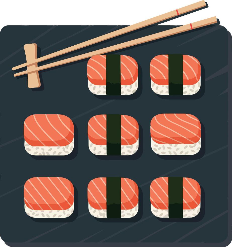 Salmon nigiri sushi set with chopsticks on black tray flat design illustration vector