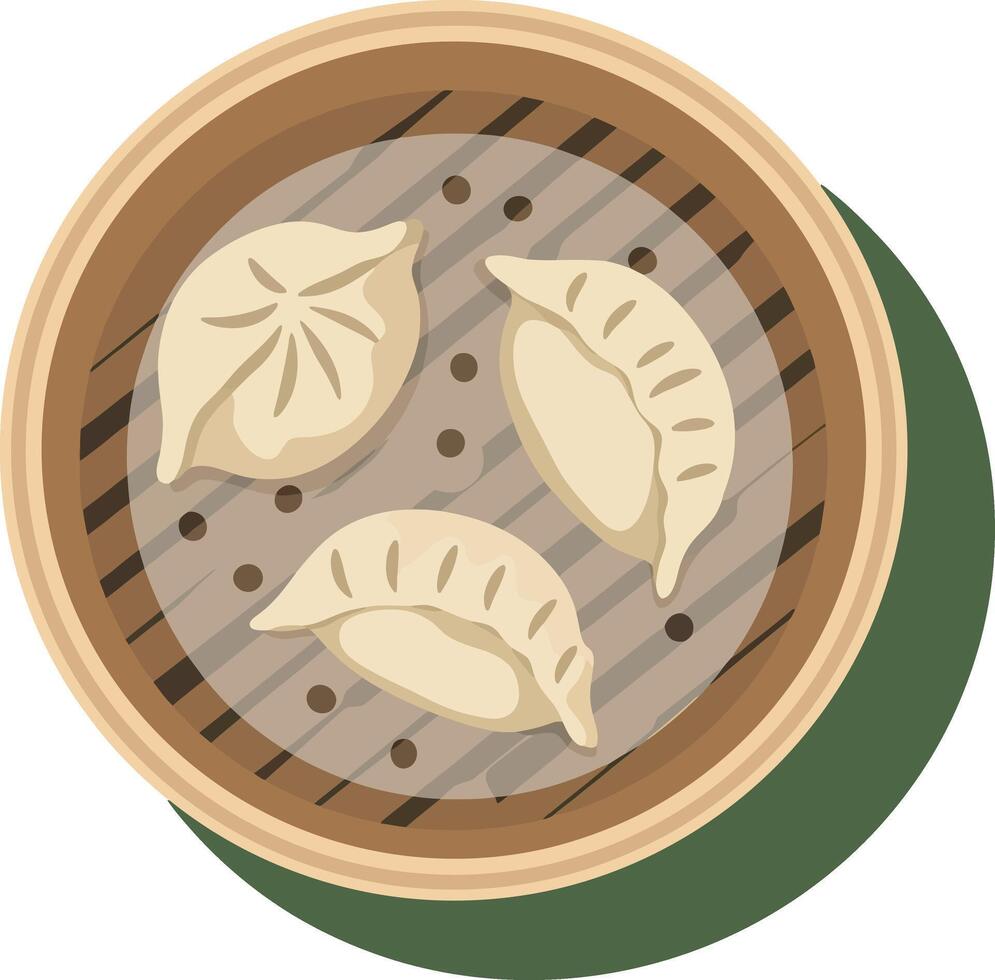 Steamed dumplings in bamboo basket with shadows flat minimal illustration vector