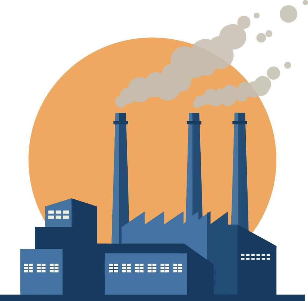 Industrial factory with three chimneys emitting smoke flat design silhouette against orange sun art vector