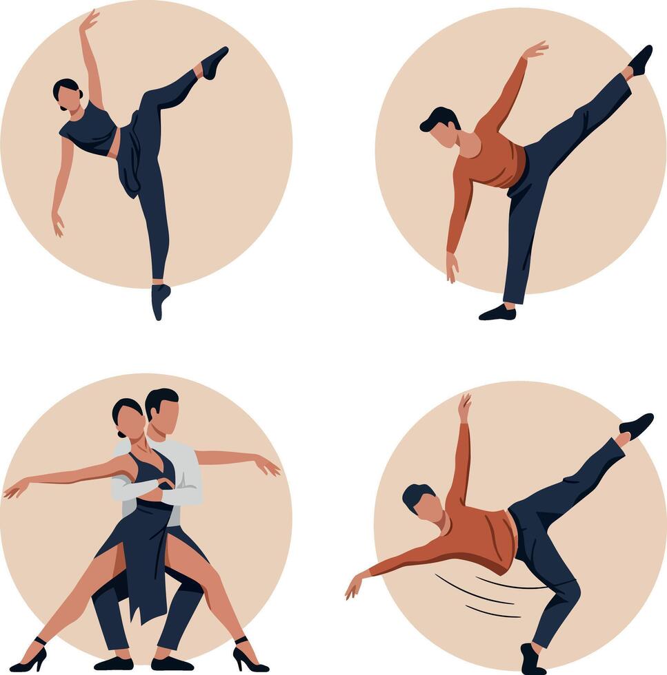 Male and female dancers performing dynamic ballet and contemporary moves in minimal flat style illustration vector