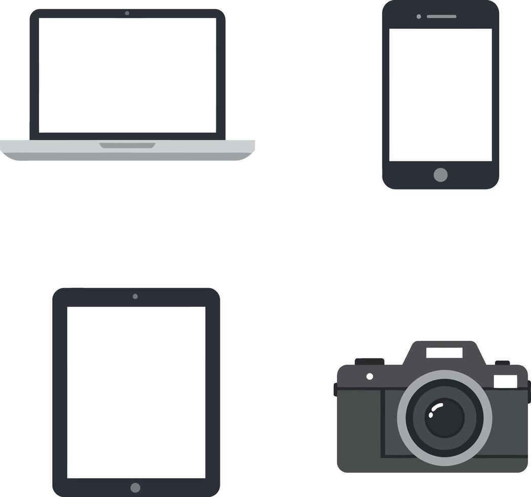 Electronic devices set including laptop smartphone tablet and camera flat minimal illustration vector