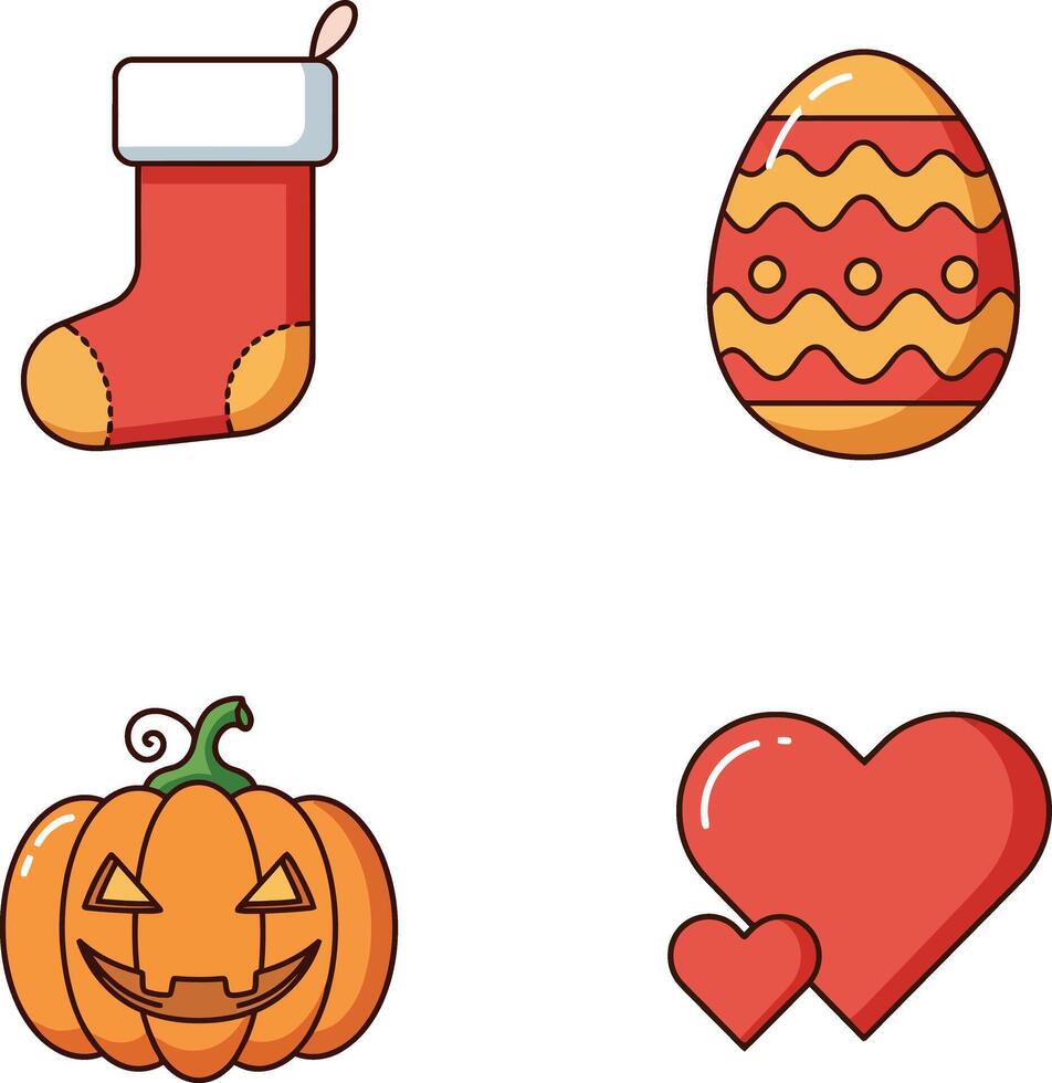 Set of festive holiday icons including Christmas stocking, decorated Easter egg, Halloween pumpkin, and red heart in flat illustration vector