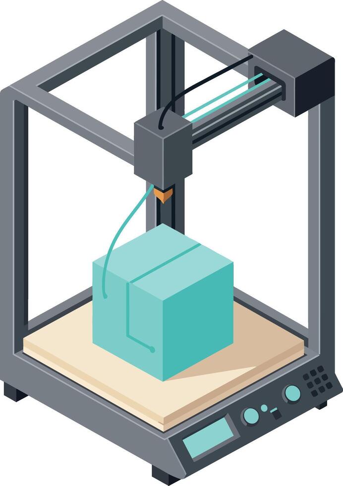 3D printer producing turquoise object in isometric detailed digital design illustration vector