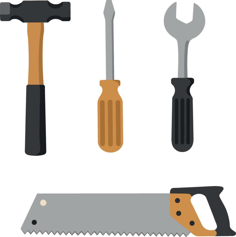 Hand tools including hammer screwdriver wrench and saw in flat style illustration vector