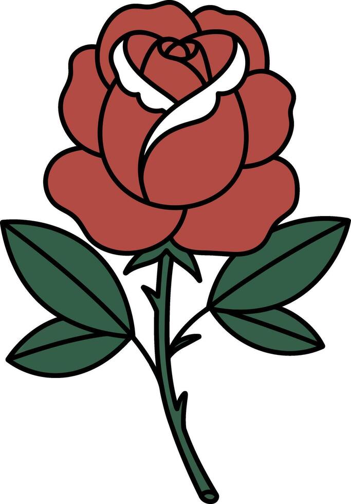 Red rose flower with green leaves and thorny stem flat minimal design illustration vector