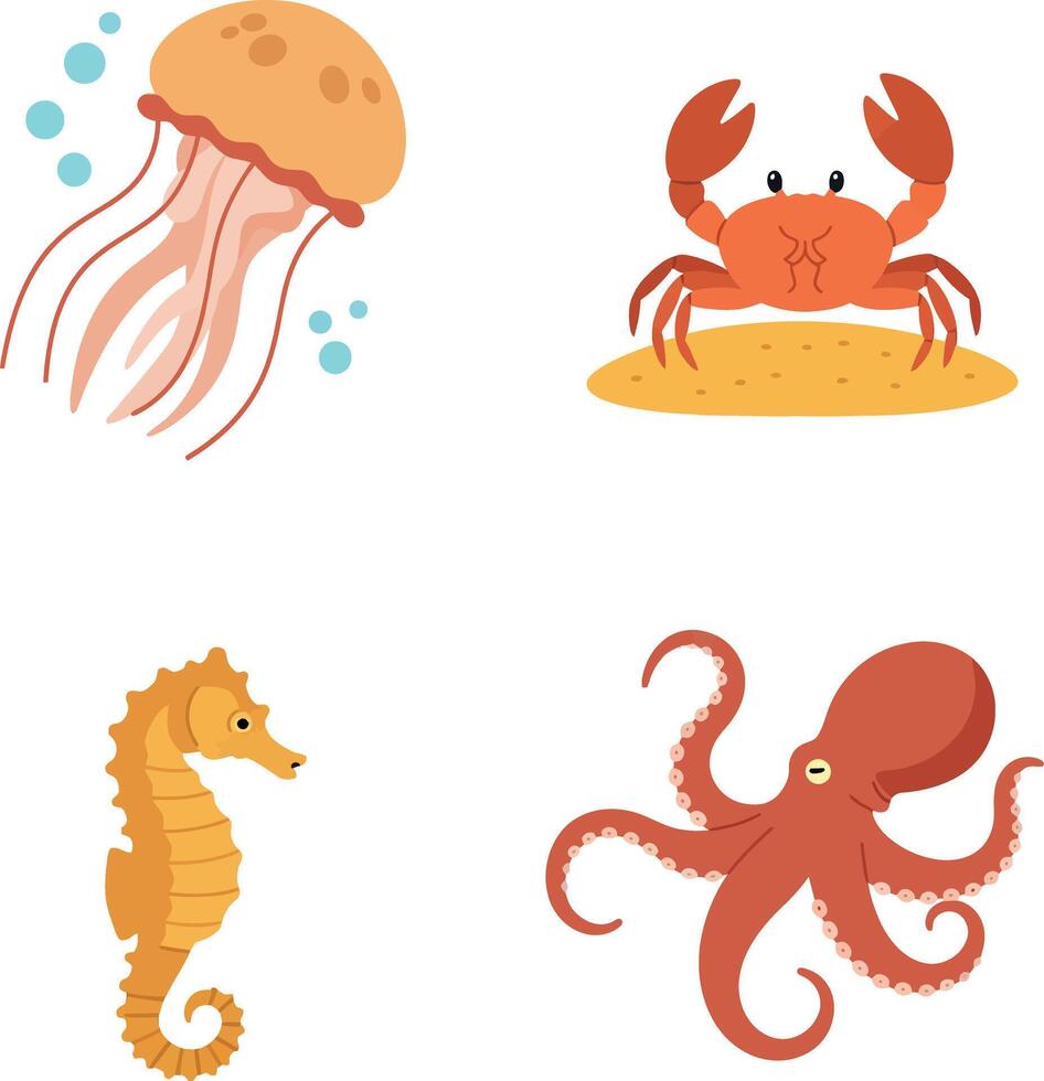 Colorful marine animals including jellyfish crab seahorse and octopus flat minimal illustration vector