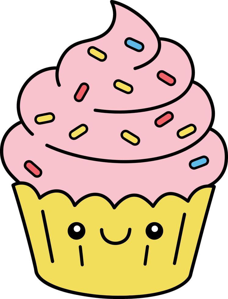 Cute cupcake with pink frosting and colorful sprinkles in flat design smiling illustration vector