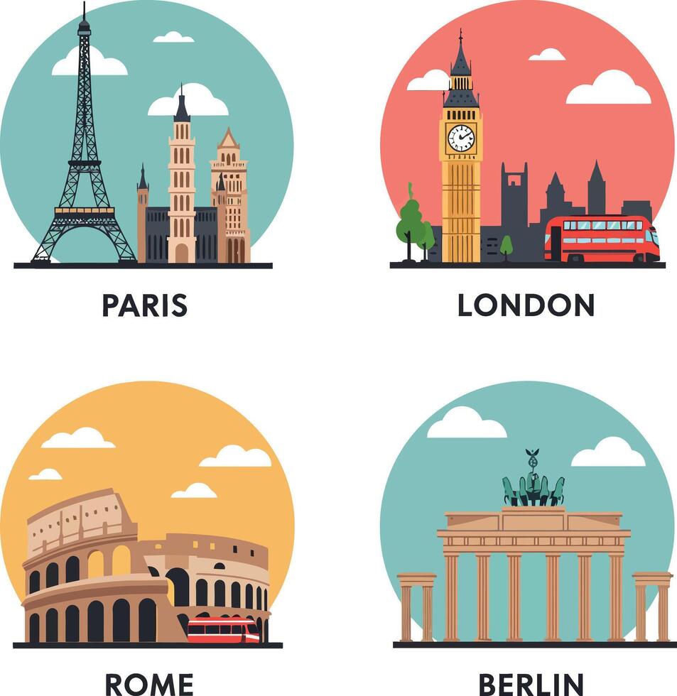 Famous European landmarks flat design with Eiffel Tower Big Ben Colosseum Brandenburg Gate illustration vector
