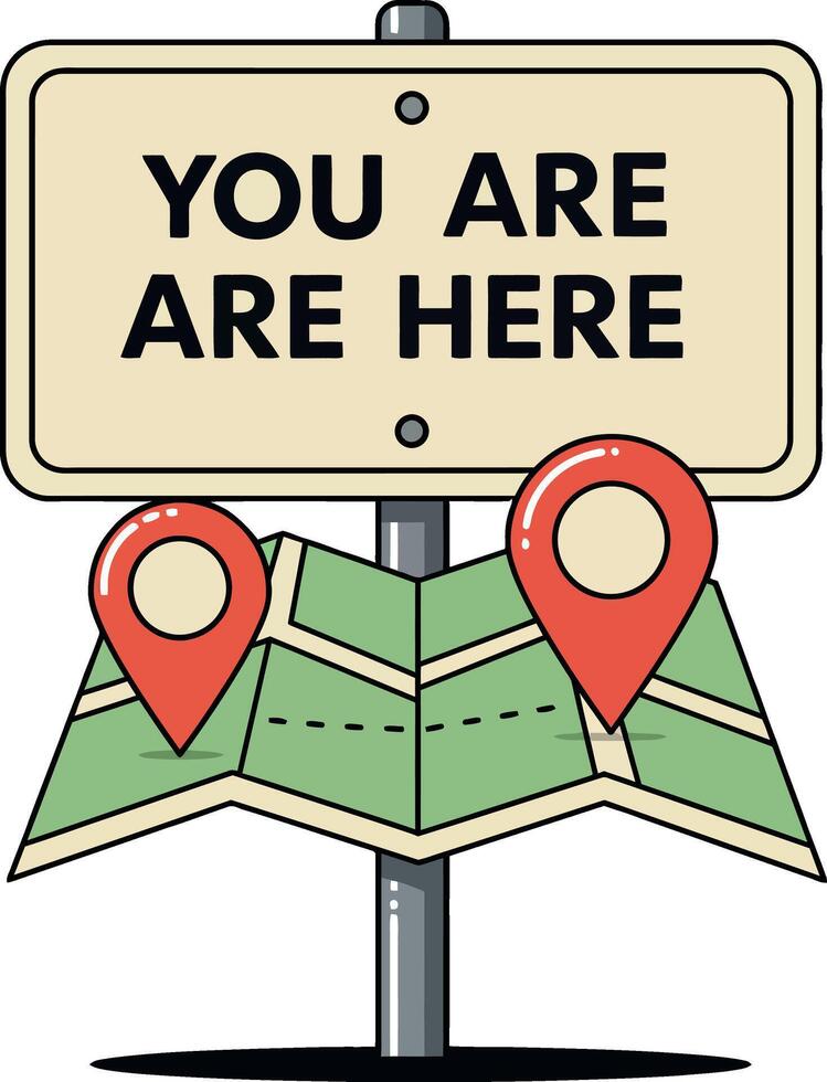 Navigation map with location pins and you are here sign flat design illustration vector