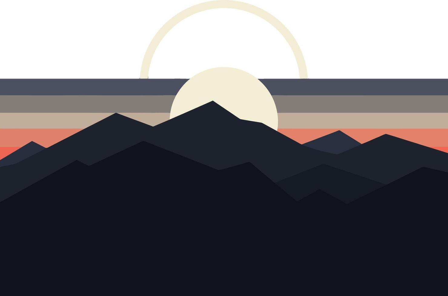 Mountain range silhouette with sun rising and layered sky in flat minimalist style illustration vector